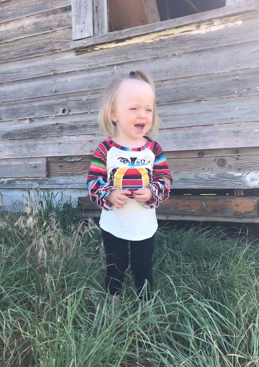 Girls Fall Pumpkin Shirt: Serape Cheetah Print Ruffle Sleeve Top