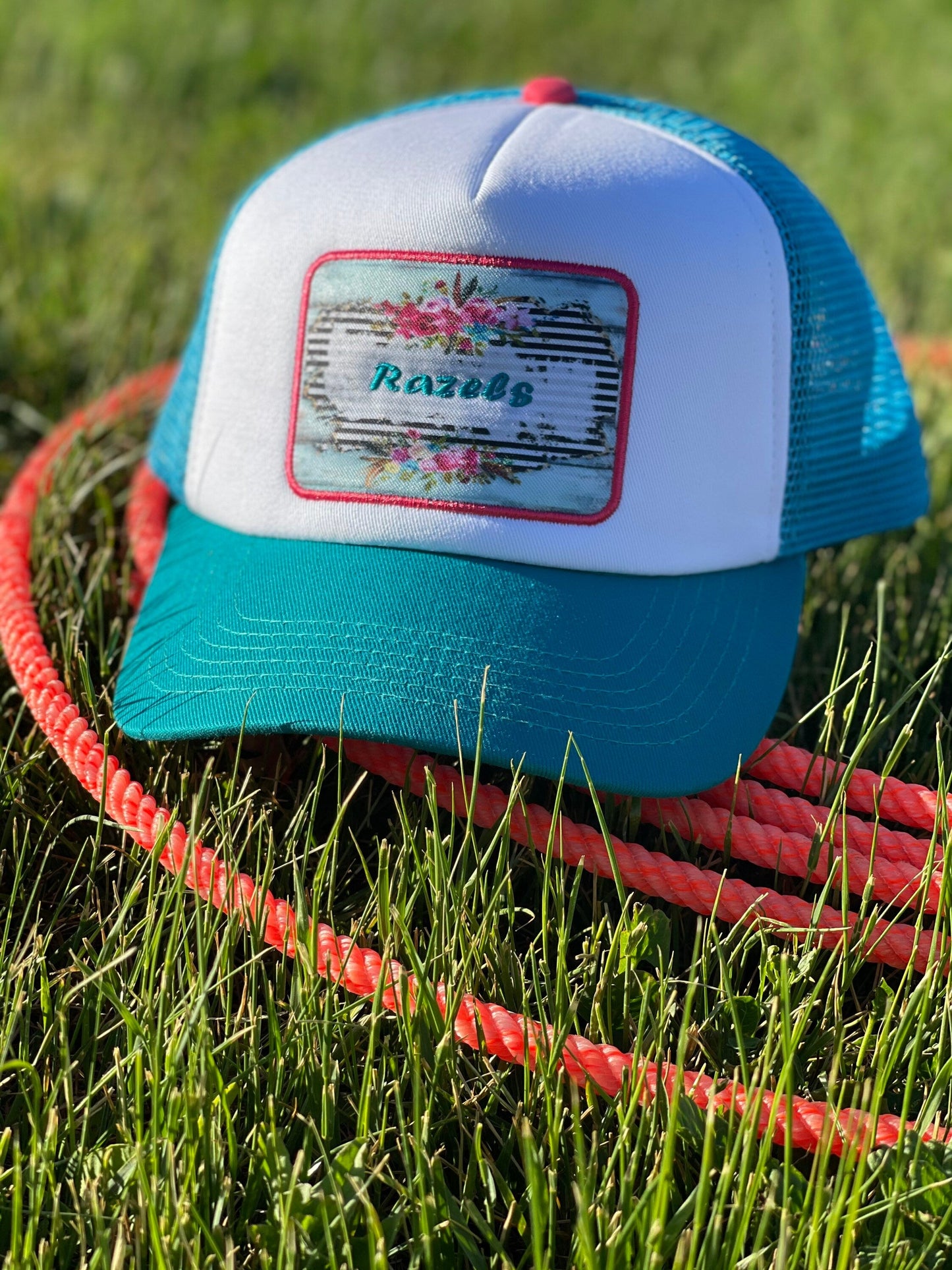 Razels Logo Trucker Cap: Retro Turquoise Patch, 5-Panel Hat