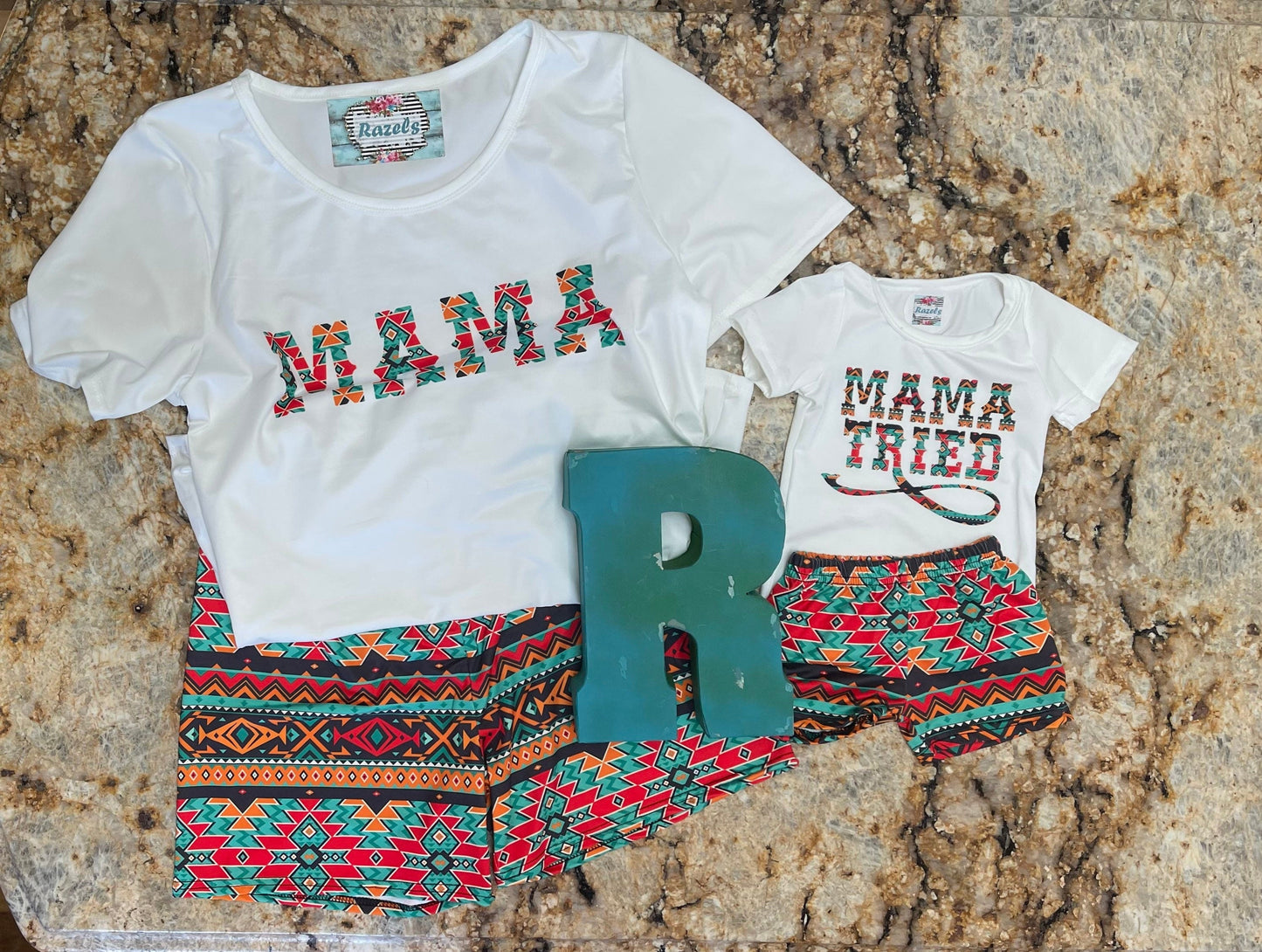 Cowgirl Mama Short Set: Aztec Biker Shorts & Western Tee