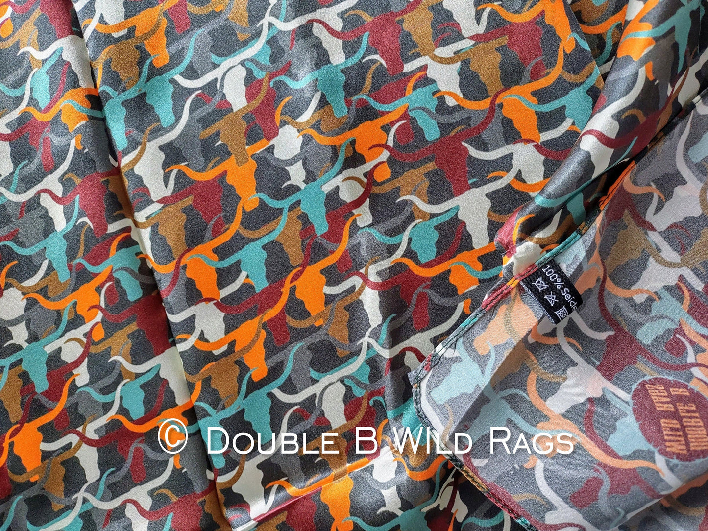 Wild Rag 100% SILK Southwest Longhorn Cattle Camo Cowboy Western Neck Scarf Bandanna by Double B Wild Rags
