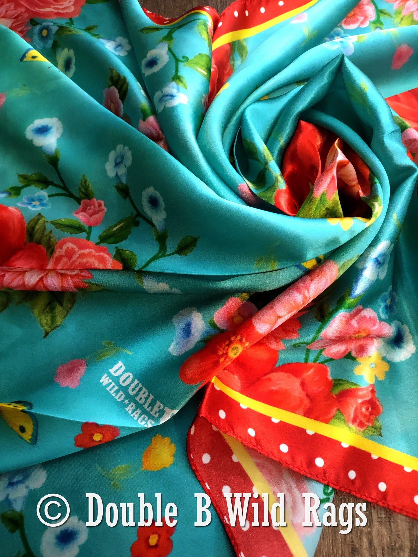 Wild Rag 100% Silk Red Polka Dot with Turquoise Floral Cowboy Western Neck Scarf Bandanna by Double B Wild Rags