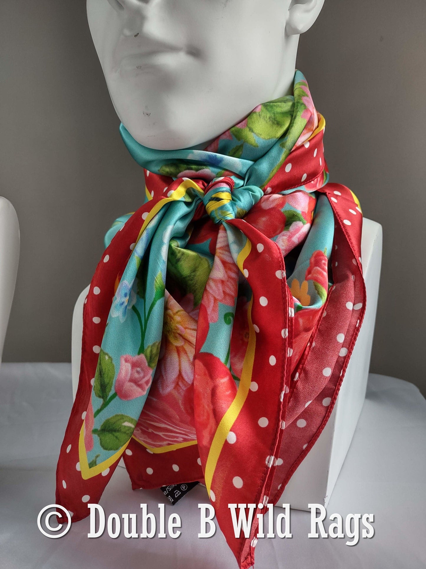Wild Rag 100% Silk Red Polka Dot with Turquoise Floral Cowboy Western Neck Scarf Bandanna by Double B Wild Rags