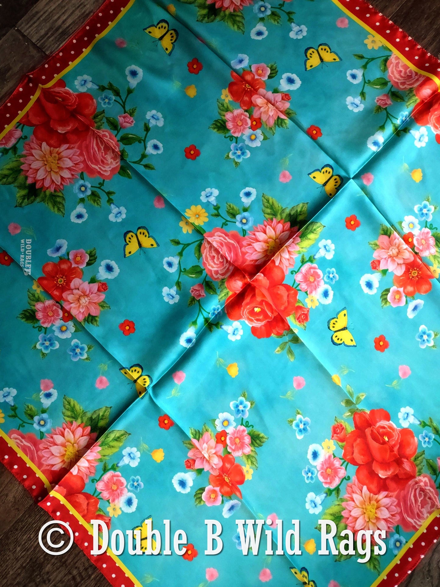 Wild Rag 100% Silk Red Polka Dot with Turquoise Floral Cowboy Western Neck Scarf Bandanna by Double B Wild Rags