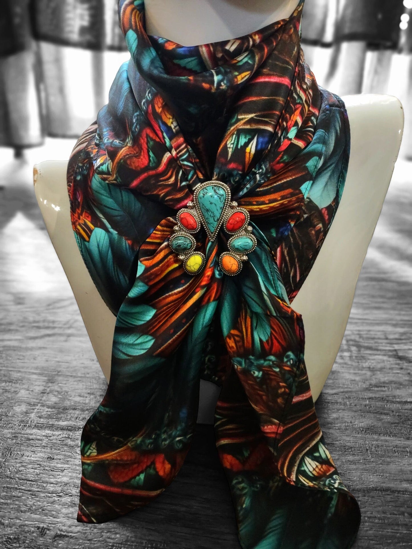 Wild Rag 100% SILK Native Teal and Gold Feather Cowboy Western Neck Scarf Bandanna by Double B Wild Rags
