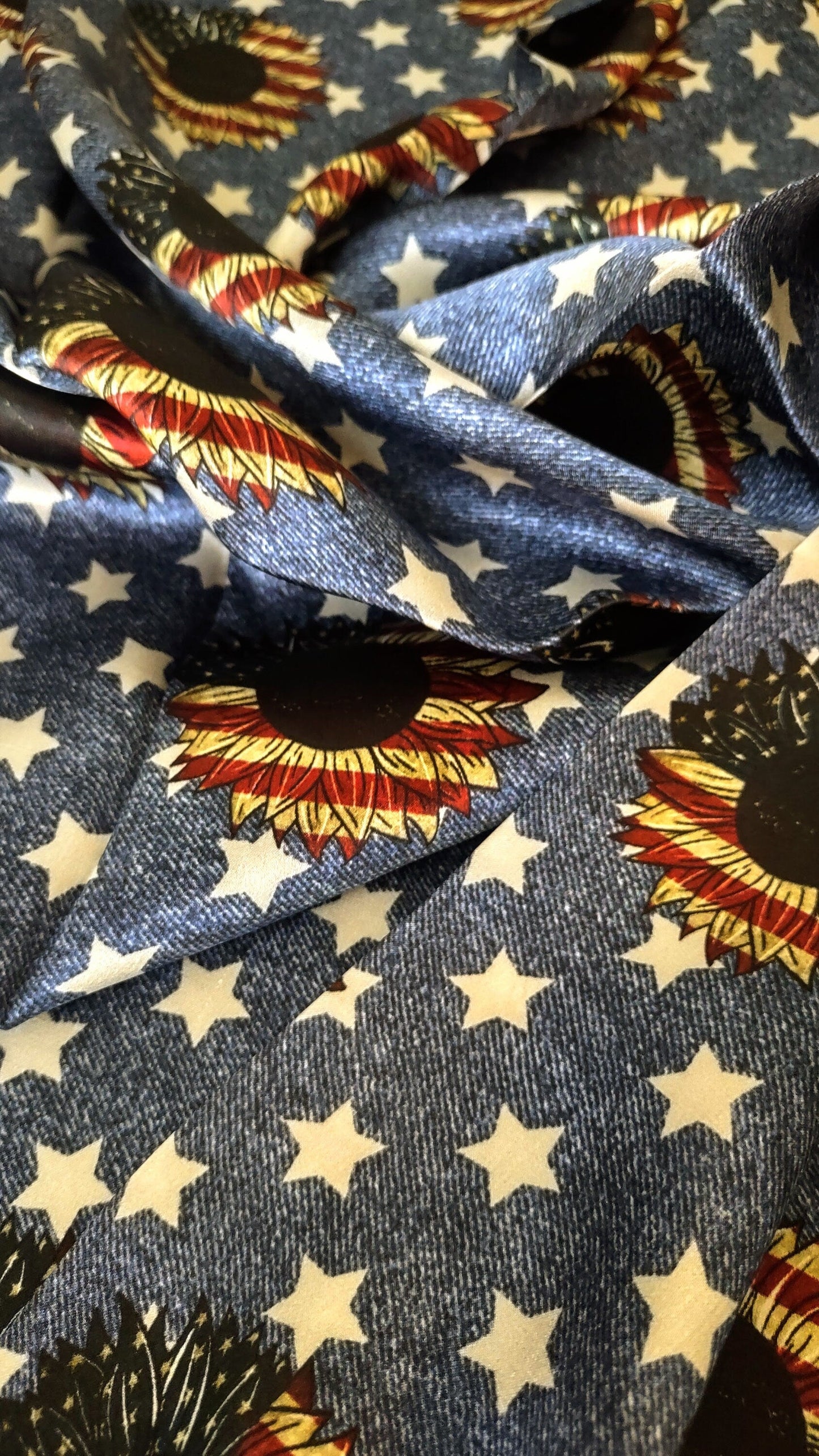 Wild Rag 100% SILK Denim Stars and USA Sunflower Western Neck Scarf Bandanna by Double B Wild Rags