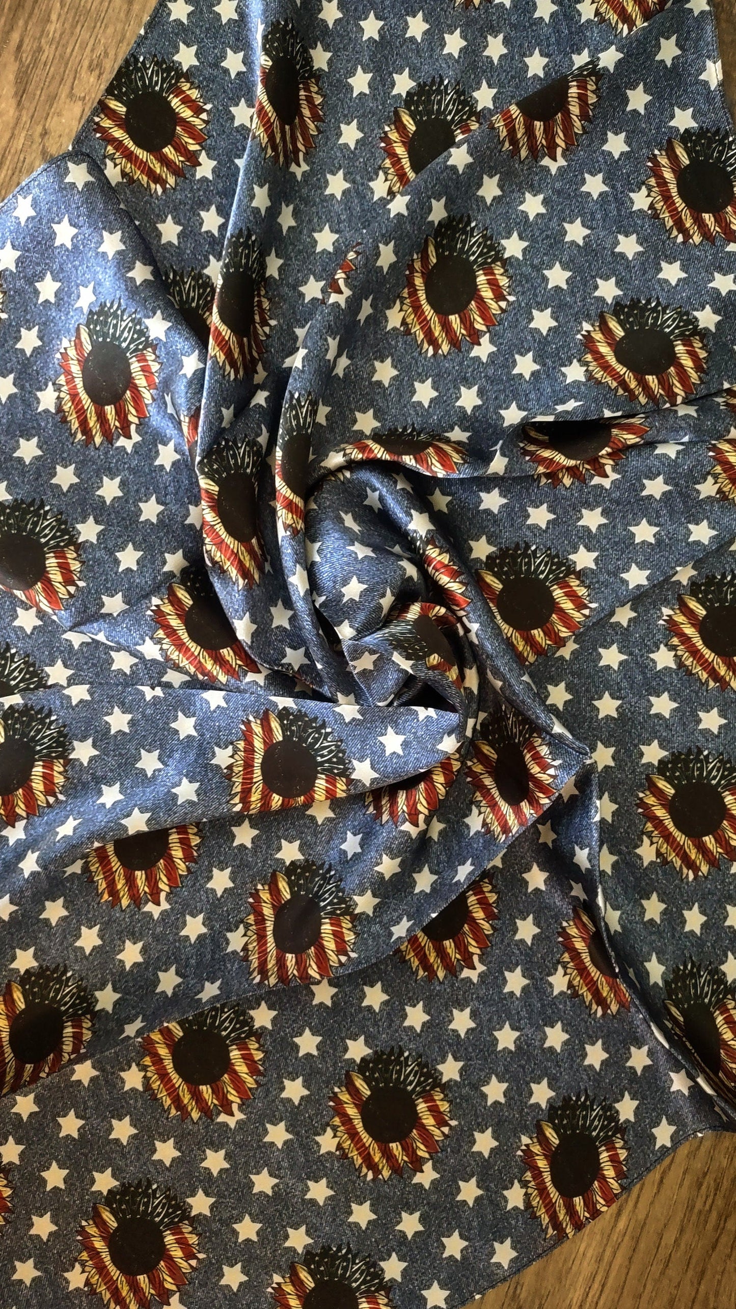 Wild Rag 100% SILK Denim Stars and USA Sunflower Western Neck Scarf Bandanna by Double B Wild Rags