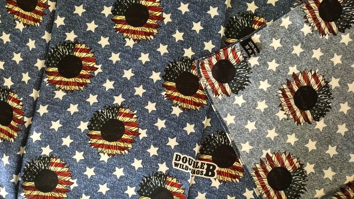 Wild Rag 100% SILK Denim Stars and USA Sunflower Western Neck Scarf Bandanna by Double B Wild Rags