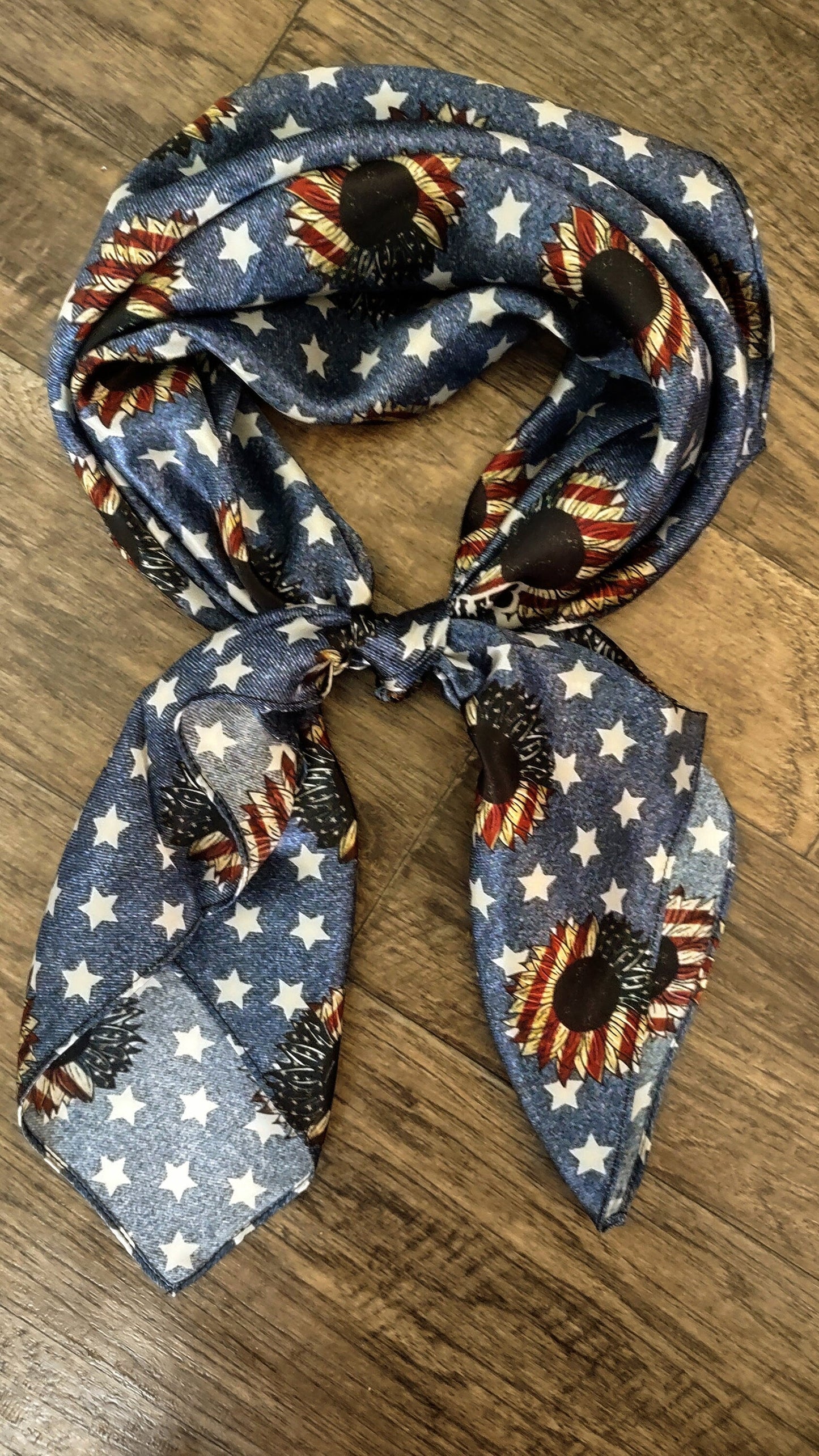Wild Rag 100% SILK Denim Stars and USA Sunflower Western Neck Scarf Bandanna by Double B Wild Rags