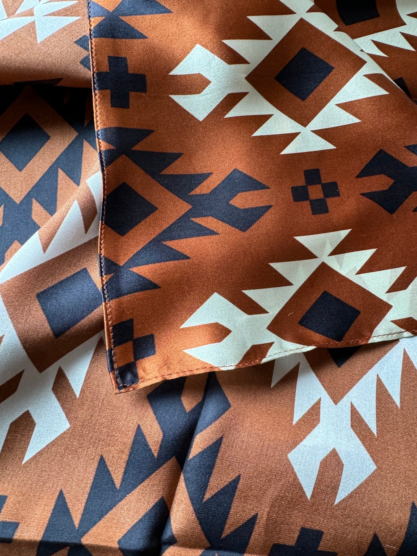100% Silk Wild Rag Cognac Rust Brown Black Ivory Tribal Native pattern by Double B Wild Rags