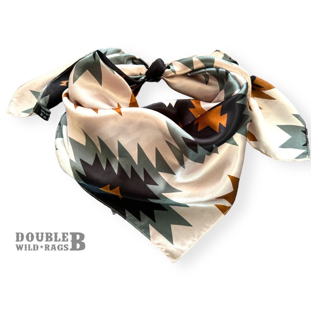 100% Silk Wild Rag Aztec Native tribal inspired pattern with brown, grey, tan, and black by Double B Wild Rags
