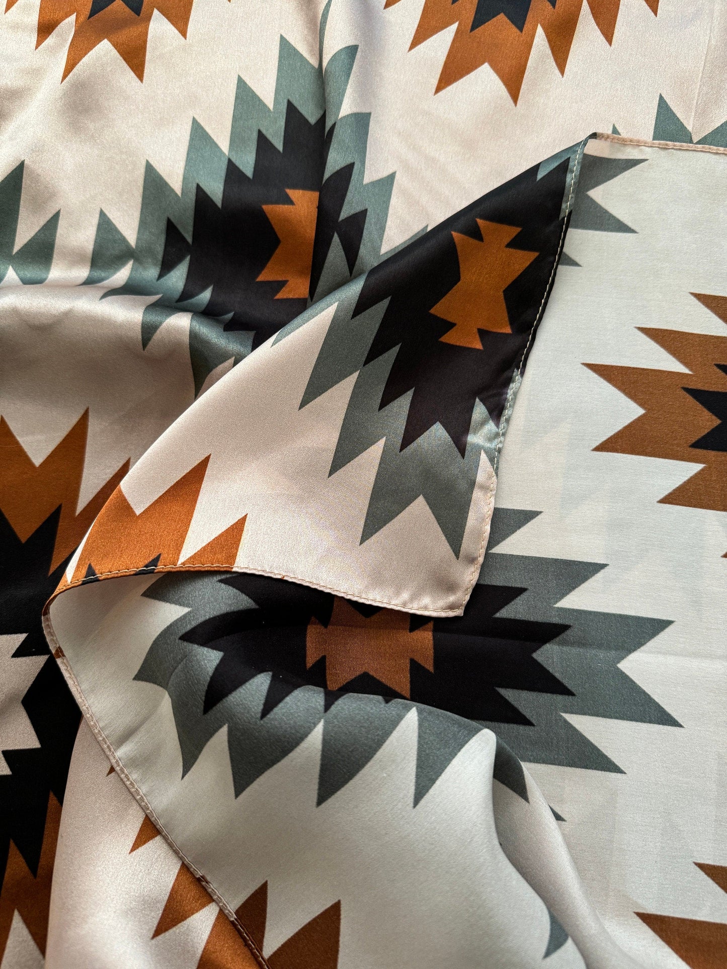 100% Silk Wild Rag Aztec Native tribal inspired pattern with brown, grey, tan, and black by Double B Wild Rags