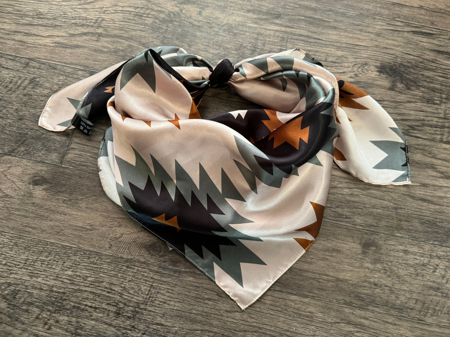100% Silk Wild Rag Aztec Native tribal inspired pattern with brown, grey, tan, and black by Double B Wild Rags
