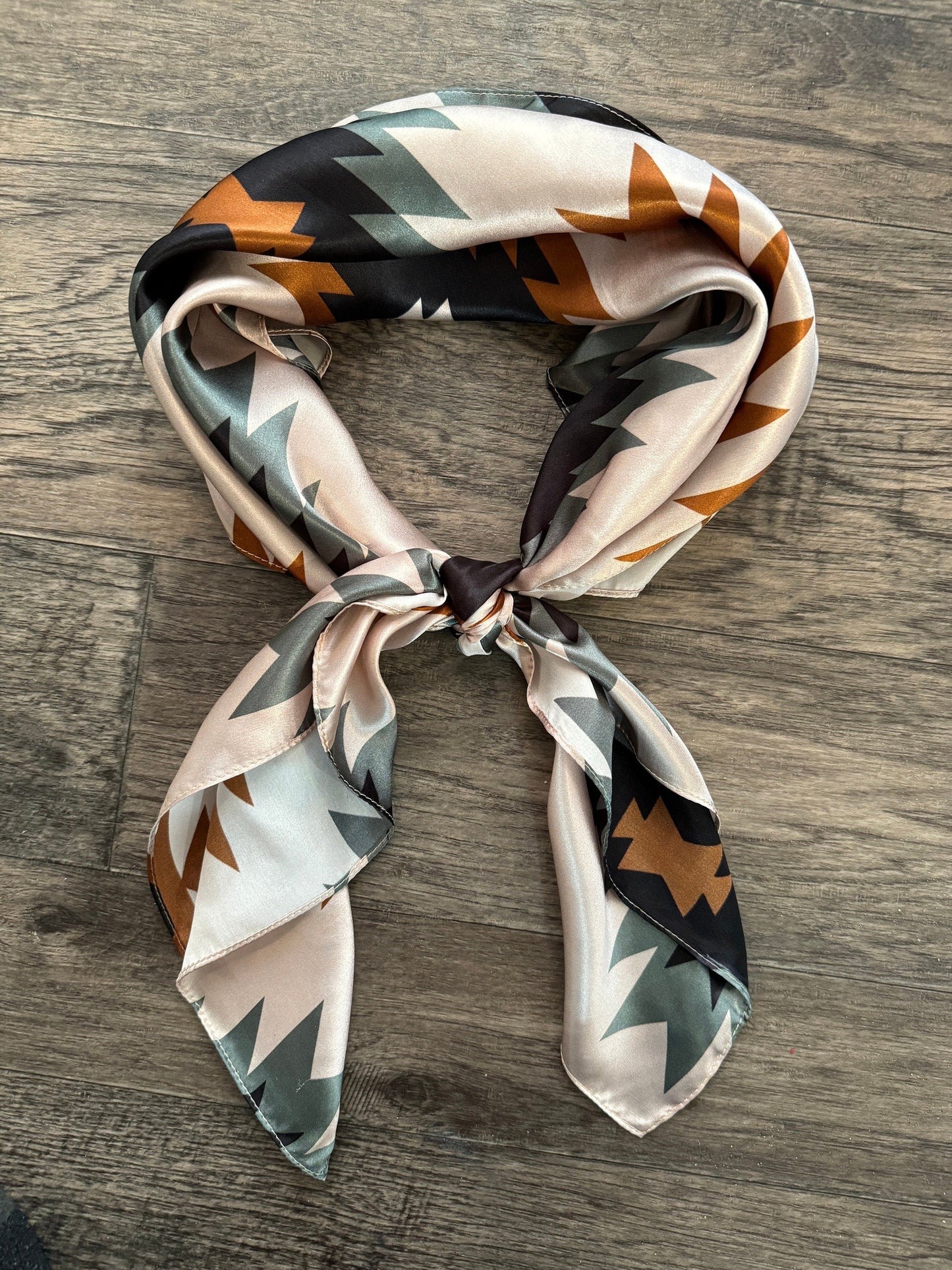 100% Silk Wild Rag Aztec Native tribal inspired pattern with brown, grey, tan, and black by Double B Wild Rags