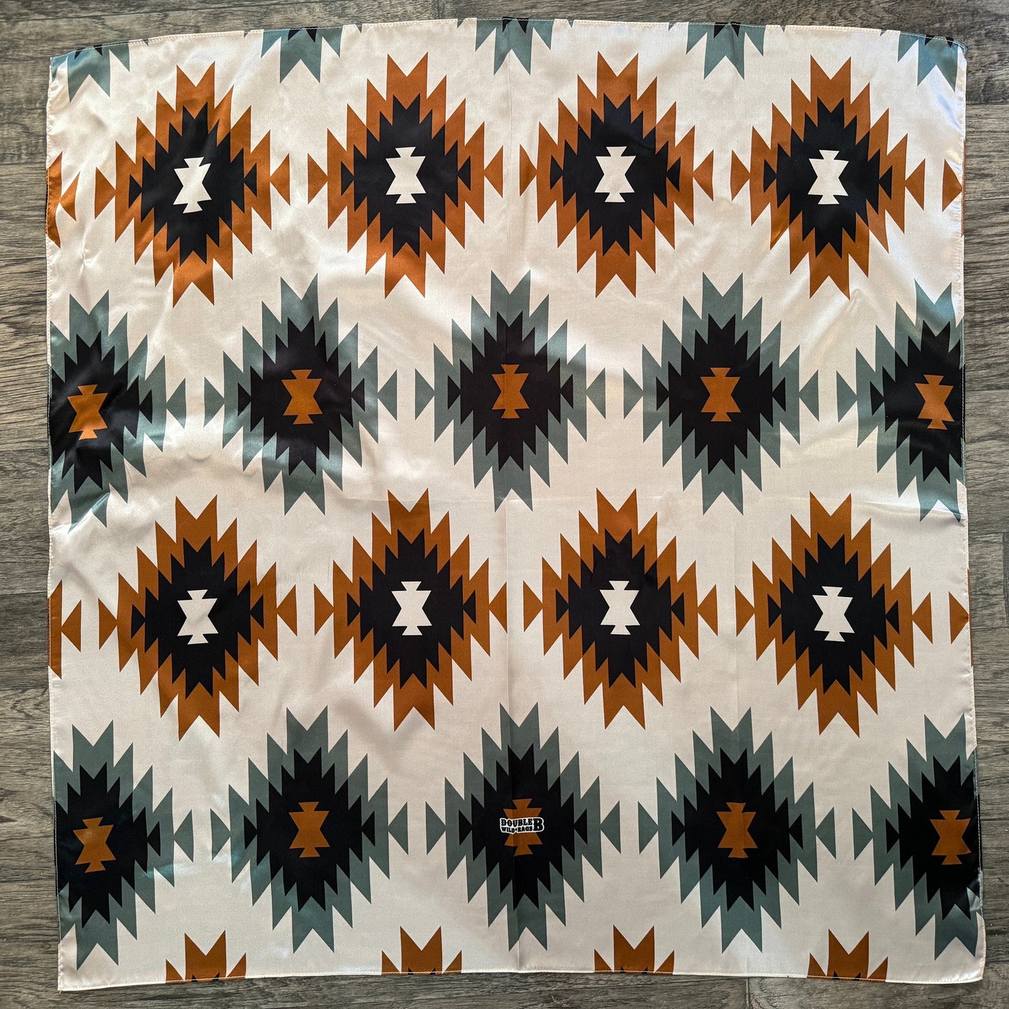100% Silk Wild Rag Aztec Native tribal inspired pattern with brown, grey, tan, and black by Double B Wild Rags