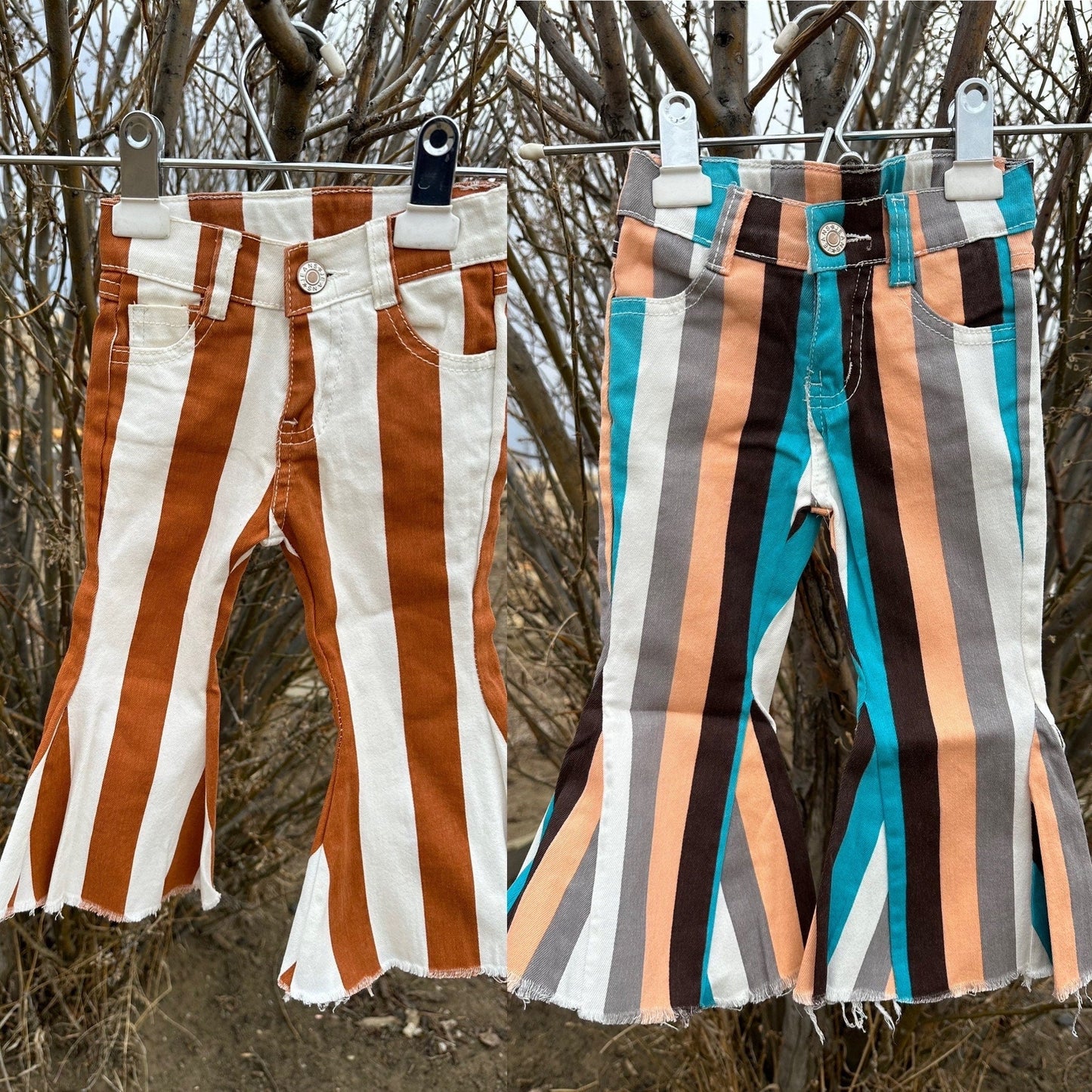 Girls' Striped Bell Bottom Jeans: Stretchy Frayed Denim