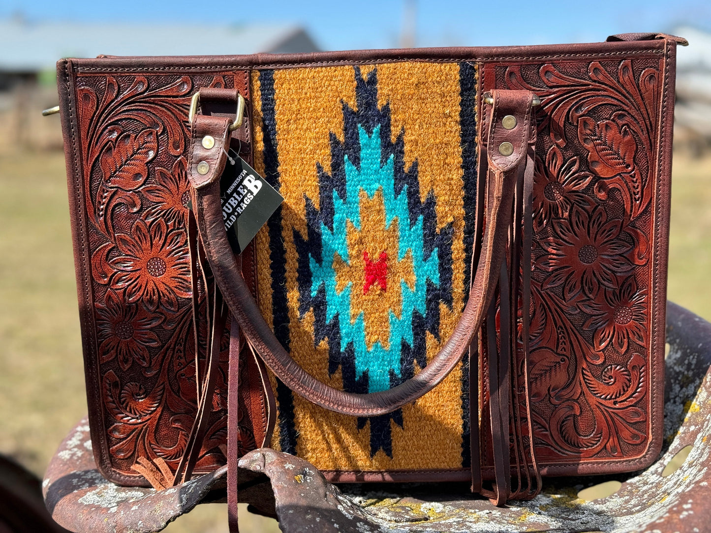 Western Conceal and Carry Dark Saddle Blanket Floral Tooled Mahogany Brown Leather briefcase laptop shoulder handbag Double B Wild Rags