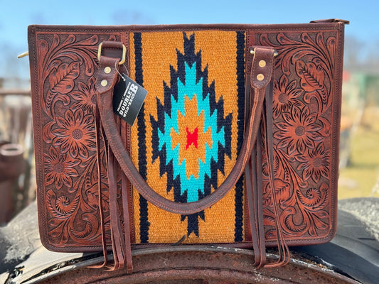 Western Conceal and Carry Dark Saddle Blanket Floral Tooled Mahogany Brown Leather briefcase laptop shoulder handbag Double B Wild Rags