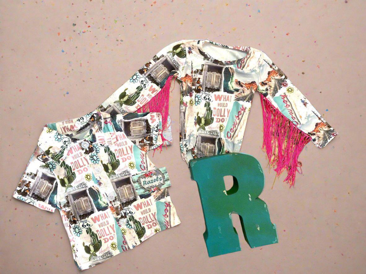Girls' Western Fringe Bodysuit: What Would Dolly Do Cowgirl Shirt