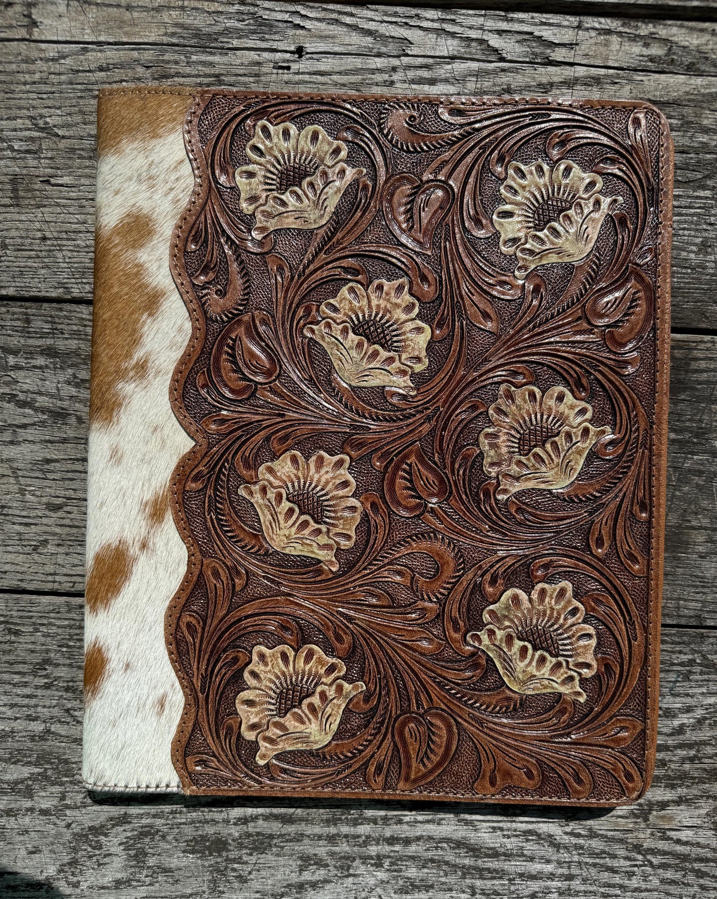 Business Autograph Headshot Folder Western Cowhide tooled leather by Double B Wild Rags