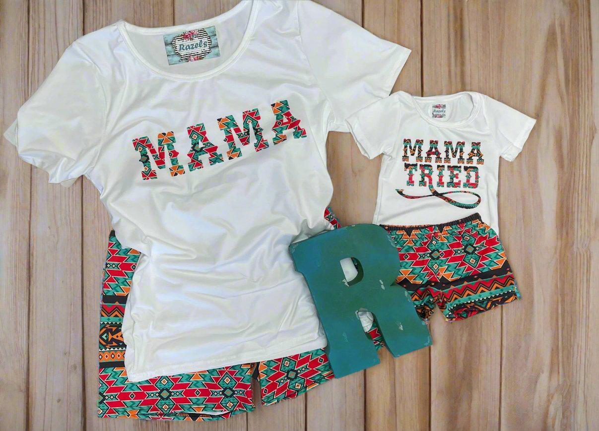 Cowgirl Mama Short Set: Aztec Biker Shorts & Western Tee