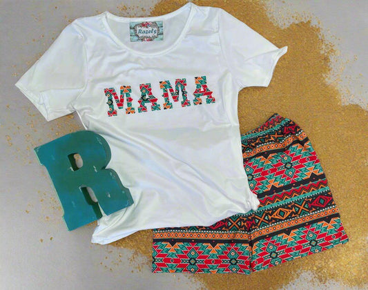 COWGIRL MAMA Short Set – Western Mama Loungewear with Aztec Biker Shorts and MAMA T-ShirT