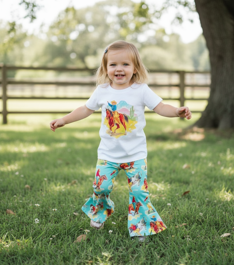 Toddler Girls' Cowgirl Outfit: Retro Western Shirt & Bell Bottoms