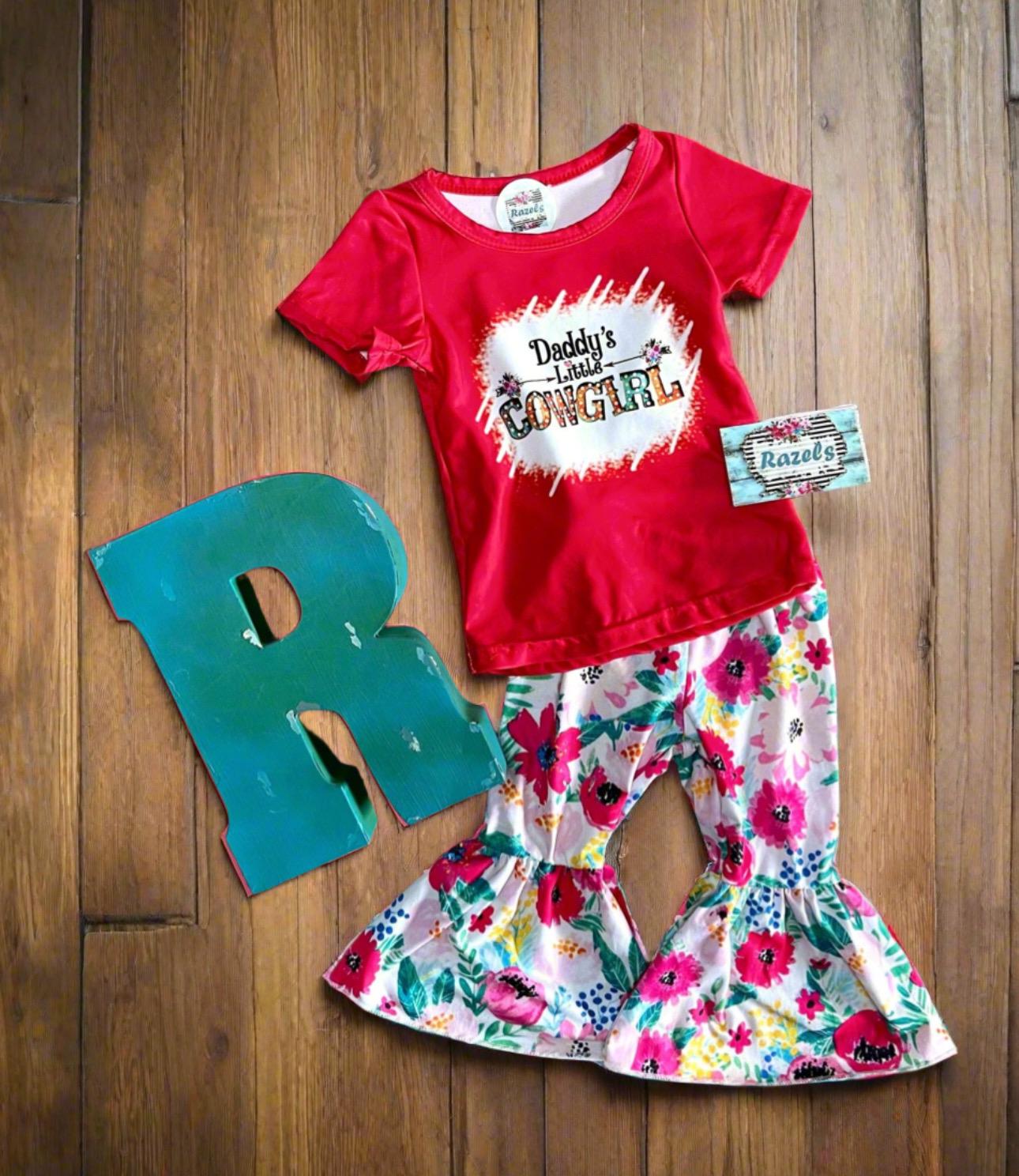 Daddy's Little Cowgirl Bell Bottom Outfit - Girls Western T-Shirt & Floral Bell Bottoms