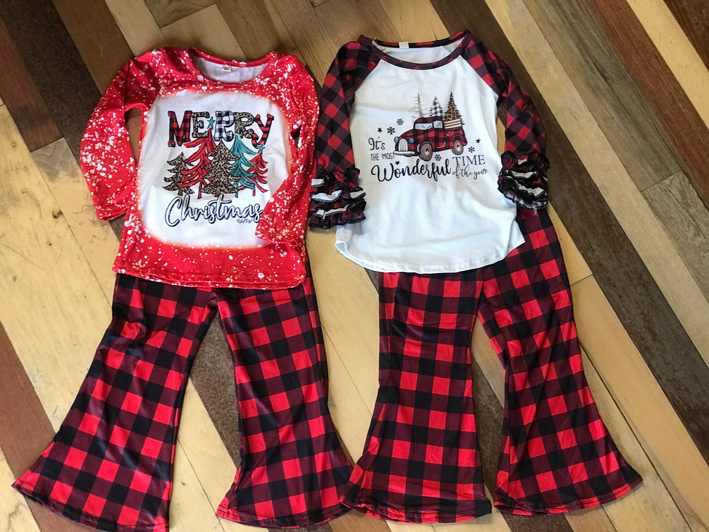 Girls' Christmas Outfit: Buffalo Plaid Bell Bottoms & Holiday Shirt