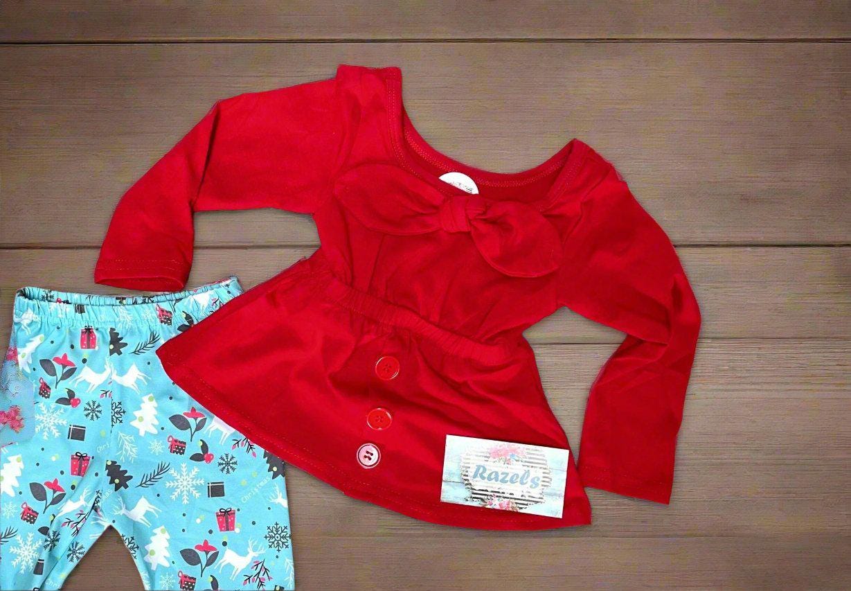 Girls' Christmas Bell Bottom Set: Red Bow Top & Reindeer Flare Pants