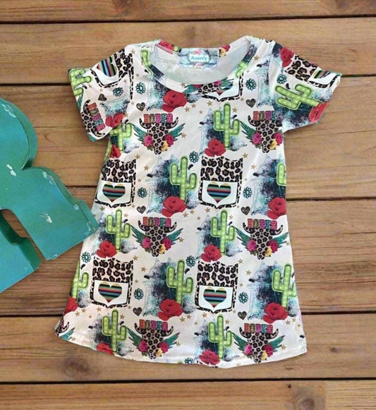 Cowgirl Dress for Kids Toddler & Baby - Rodeo T-Shirt Dress with Cheetah Skull, Cactus and Back Number Design