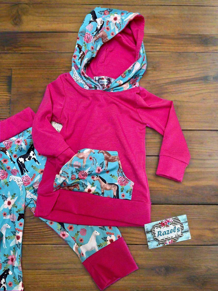 Baby Girl Horse Outfit: Hot Pink Hoodie & Jogger Set