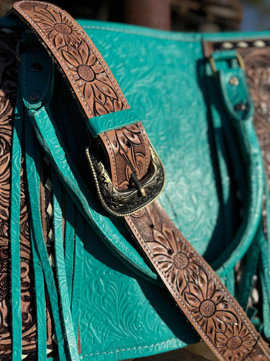 Genuine Western Leather Turquoise laptop messenger briefcase bag with tooled and embossed leather  by Double B Wild Rags CONCEAL and CARRY
