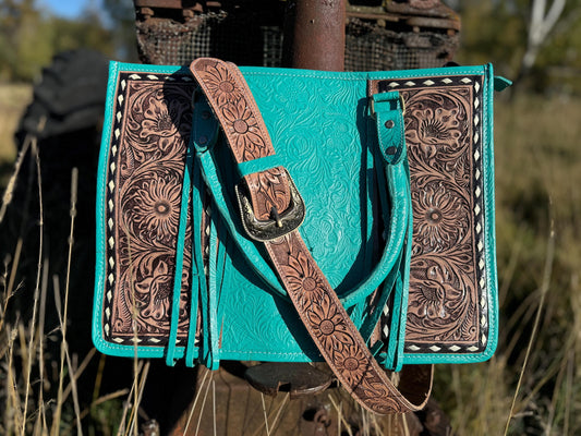Genuine Western Leather Turquoise laptop messenger briefcase bag with tooled and embossed leather  by Double B Wild Rags CONCEAL and CARRY