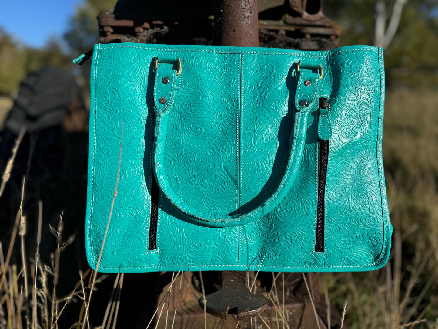 Genuine Western Leather Turquoise laptop messenger briefcase bag with tooled and embossed leather  by Double B Wild Rags CONCEAL and CARRY