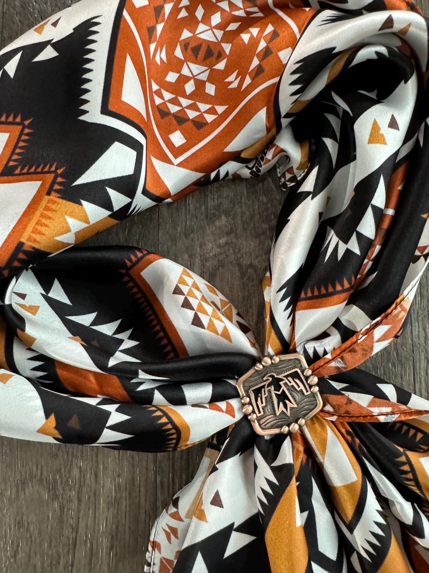 100% Silk Wild Rag Aztec Native tribal inspired pattern of brown, black, and white by Double B Wild Rags