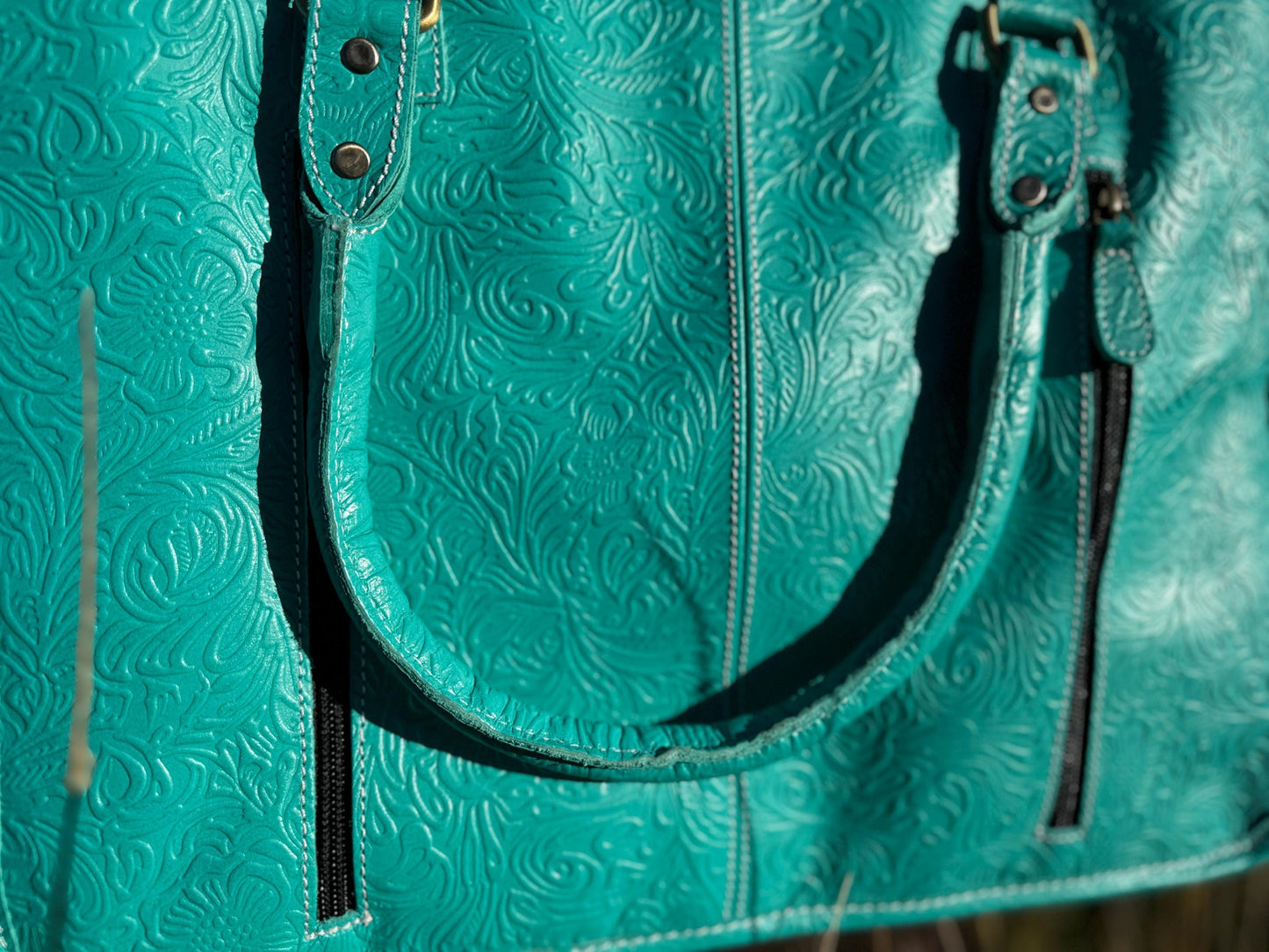Genuine Western Leather Turquoise laptop messenger briefcase bag with tooled and embossed leather  by Double B Wild Rags CONCEAL and CARRY