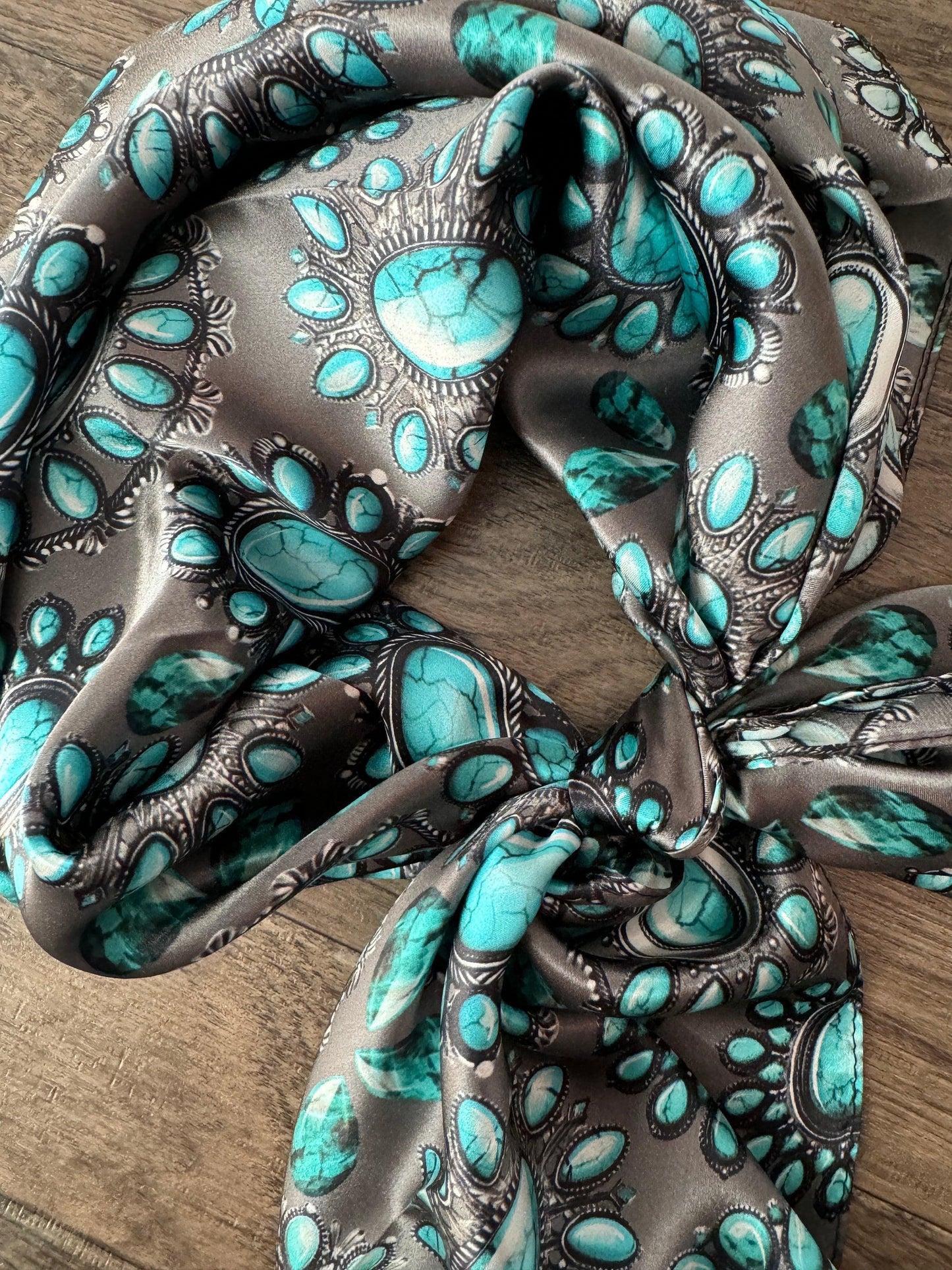 100% Silk Wild Rag Turquoise and Silver jewels and stones on charcoal grey by Double B Wild Rags