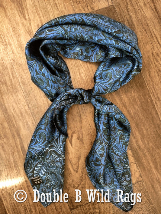 Wild Rag 100% Silk Royal Blue Tooled Leather Cowboy Western Neck Scarf Bandanna by Double B Wild Rags