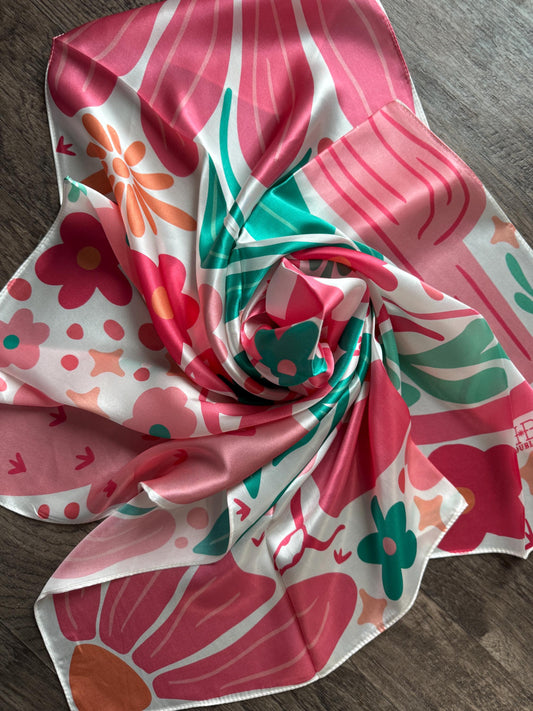 100% Silk Wild Rag Pink and Green Boot with Cactus and floral designs by Double B Wild Rags