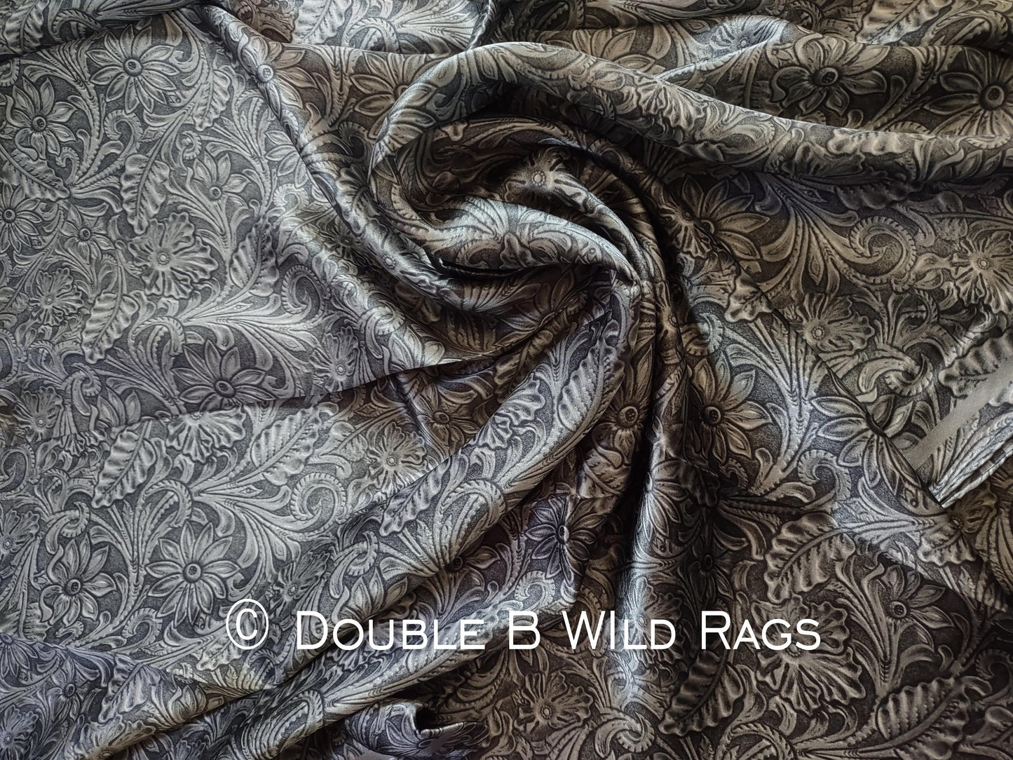 Wild Rag 100% SILK 815 Steel Grey Black Tooled Leather Cowboy Western Neck Scarf Bandanna by Double B Wild Rags