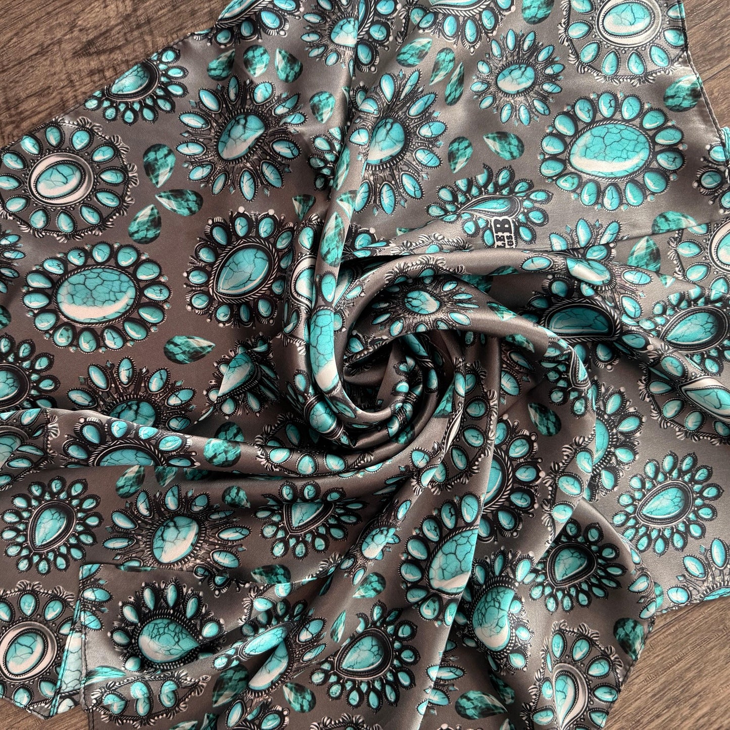 100% Silk Wild Rag Turquoise and Silver jewels and stones on charcoal grey by Double B Wild Rags