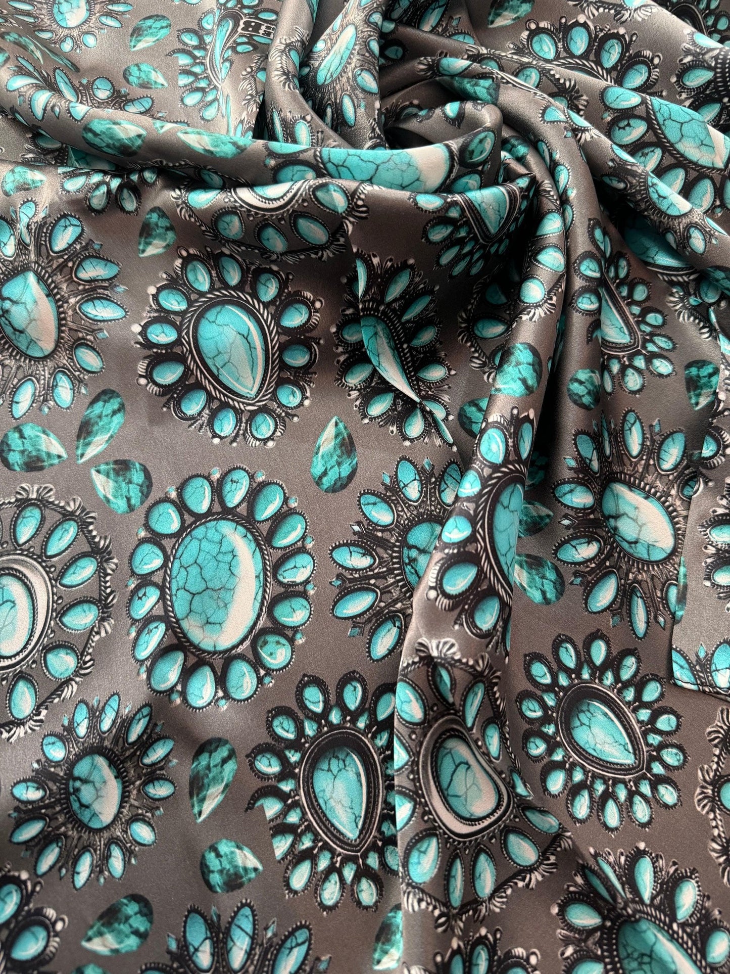 100% Silk Wild Rag Turquoise and Silver jewels and stones on charcoal grey by Double B Wild Rags