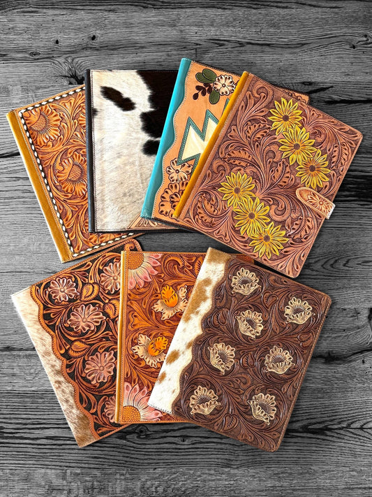Business Autograph Headshot Folder Western Cowhide tooled leather by Double B Wild Rags