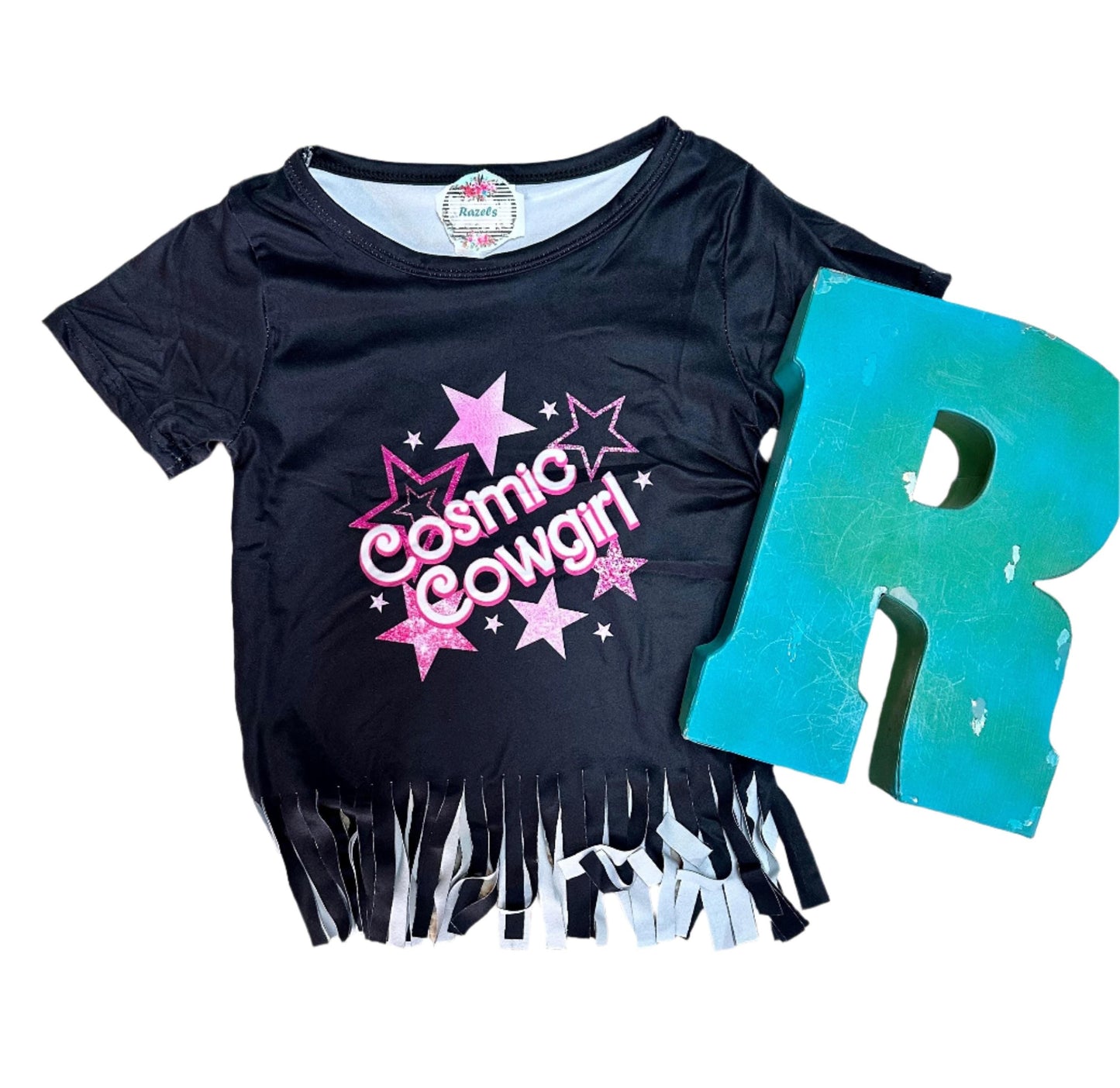 Cosmic Cowgirl Outfit: Pink Star Bell Bottoms, Black Fringe T-Shirt