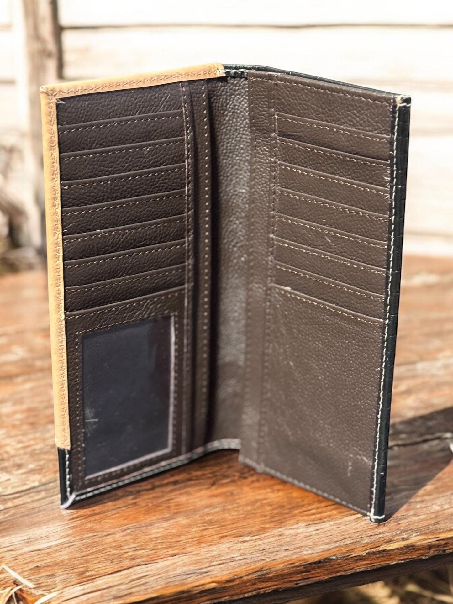 Western Cowboy Checkbook wallet tooled and embossed leather with painted turquoise by Double B Wild Rags
