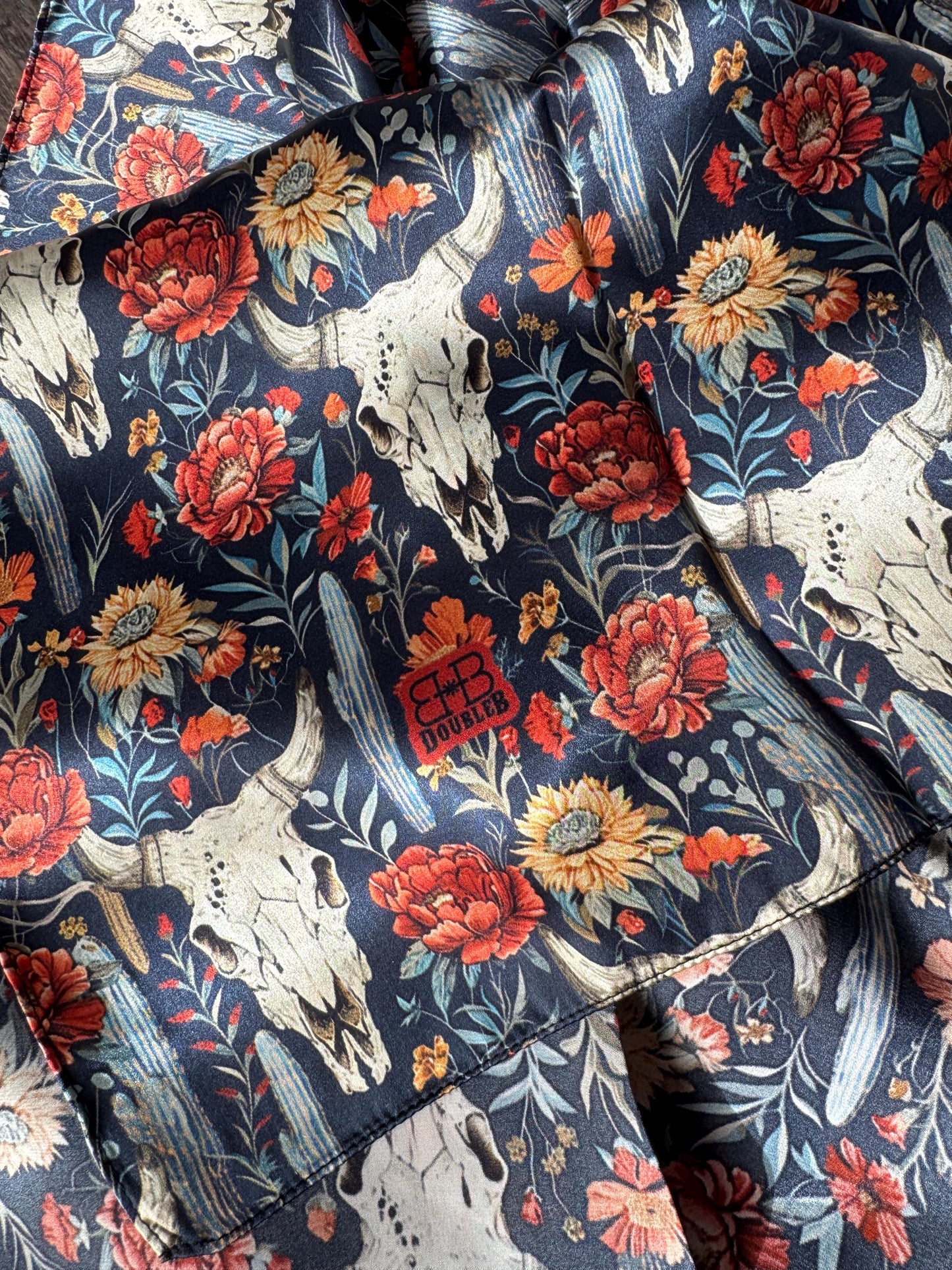 100% Silk Wild Rag Navy Blue Cow skulls and Cactus Double B Wild Rags