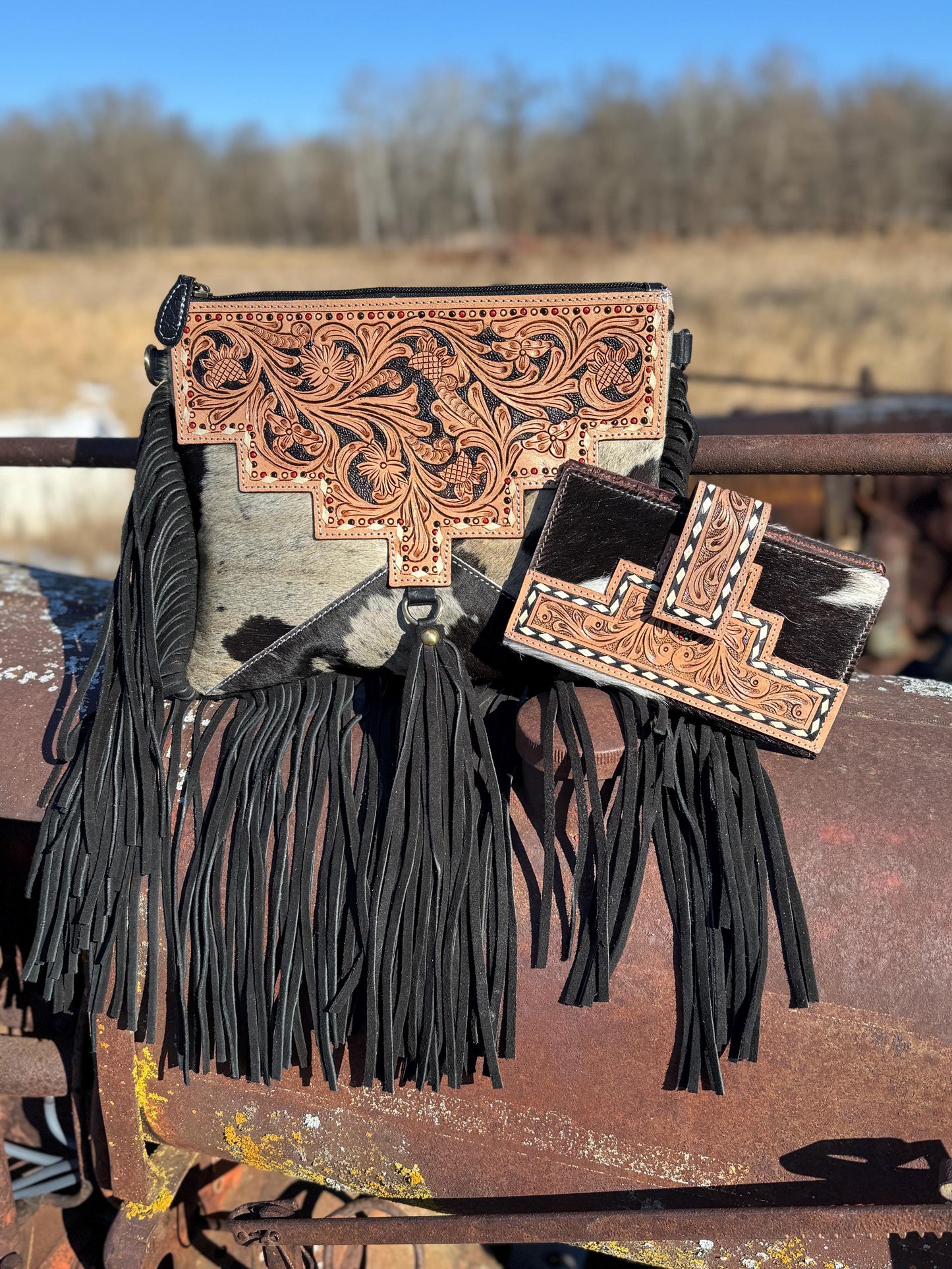 Genuine Western Cowhide Leather Purse and Wallet with details and fringe by Double B Wild Rags