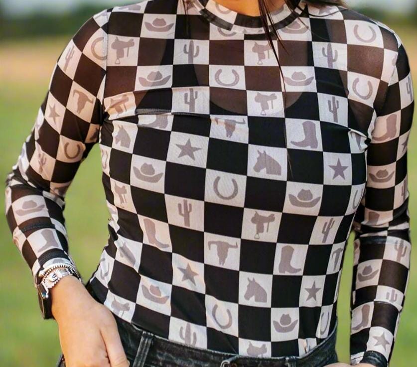 Sheer Western Shirt: Checkerboard Cowgirl Motif Top