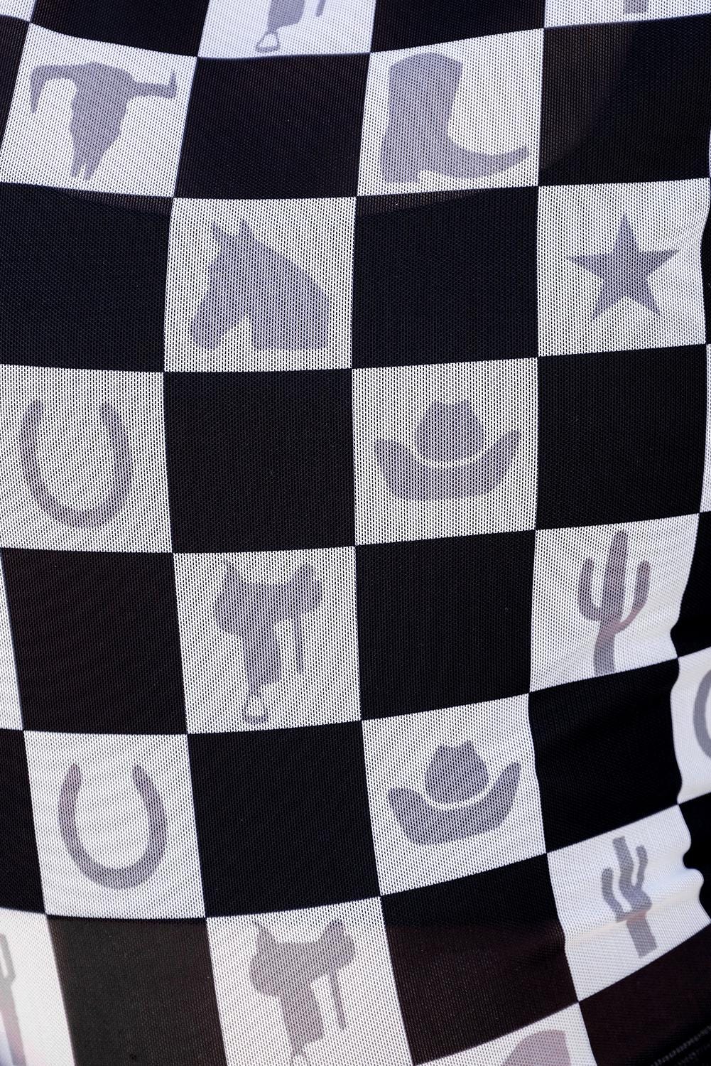 Sheer Western Shirt: Checkerboard Cowgirl Motif Top