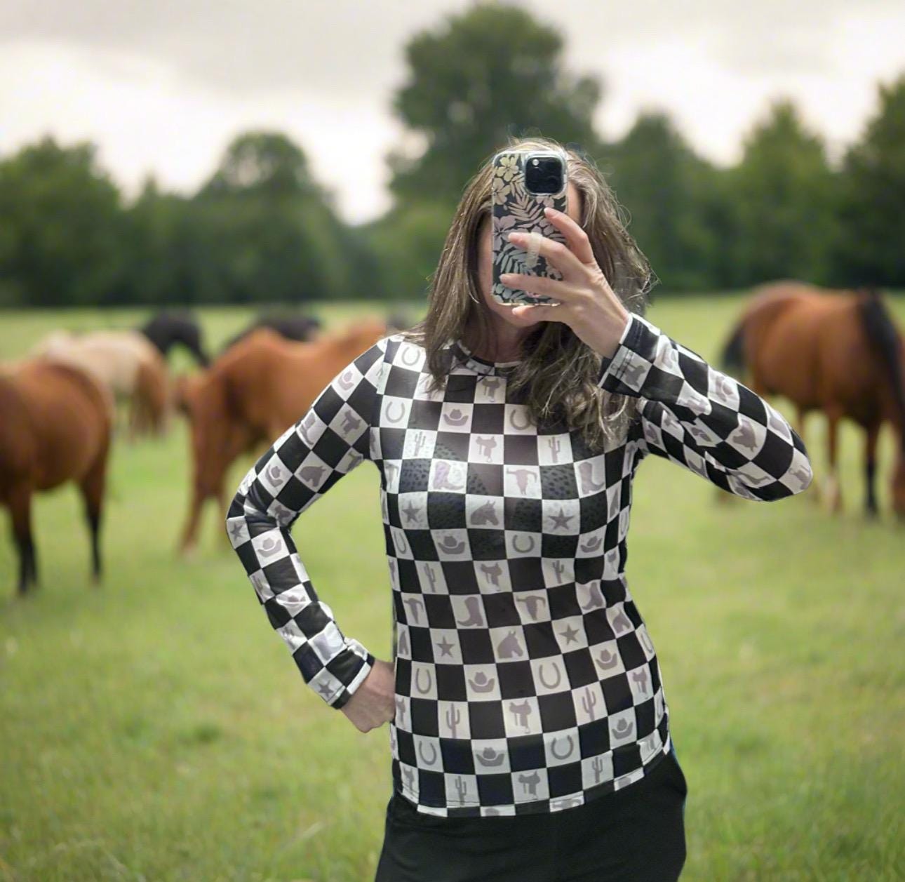 Sheer Western Shirt: Checkerboard Cowgirl Motif Top